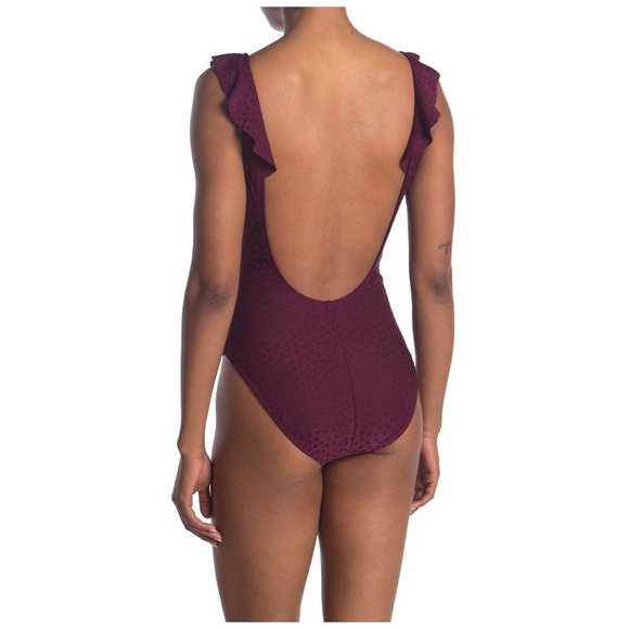 ROBIN PICCONE Juliana Plunge One Piece Ruffle Swimsuit Burgundy Wine 8 - Picture 3 of 8
